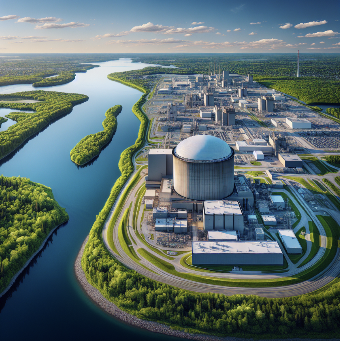 AI-generated image of a Canadian nuclear power plant, illustrating the advanced infrastructure surrounded by lush green landscapes, highlighting Canada's nuclear industry overview.